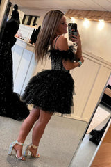 Sparkly Black Beaded Corset Ruffled Short Homecoming Dress With Feathers