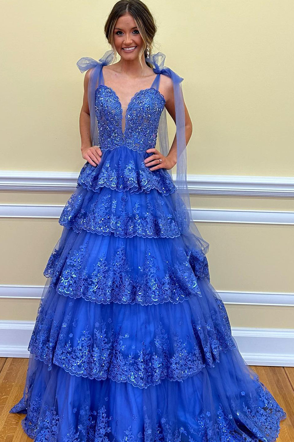 Blue Ruffled Tiered Lace A-Line Long Prom Dress