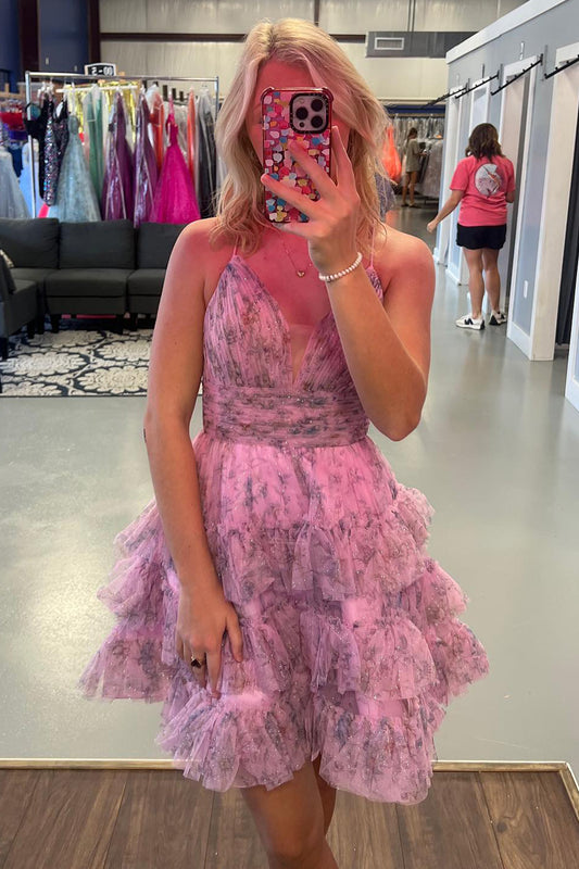 Pink A Line Ruffled Short Homecoming Dress