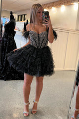 Sparkly Black Beaded Corset Ruffled Short Homecoming Dress With Feathers