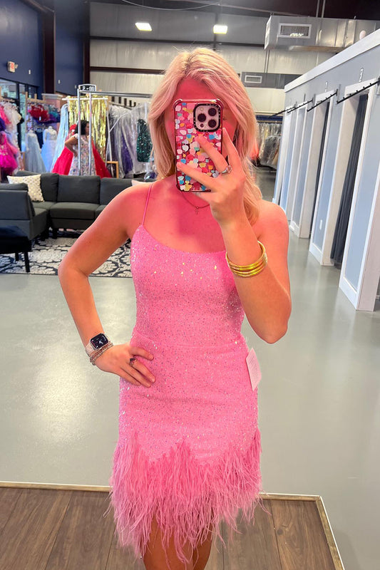 Glitter Pink Sequins Tight Short Homecoming Dress With Feathers