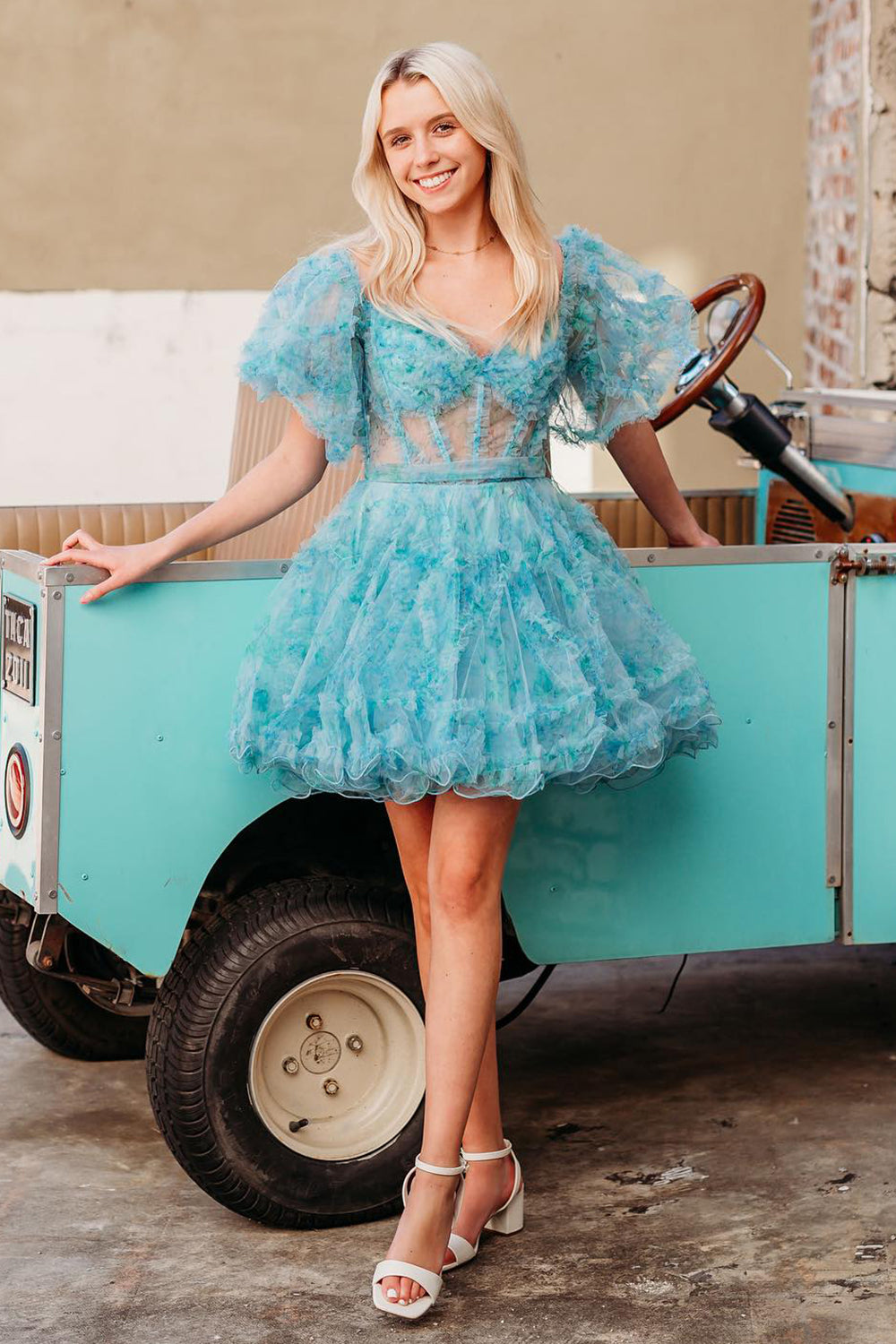 Blue Corset Off The Shoulder Floral A-Line Short Homecoming Dress