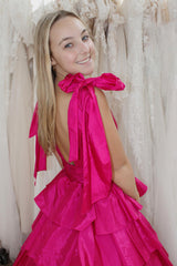 Fuchsia A Line V Neck Ruffled Long Prom Dress