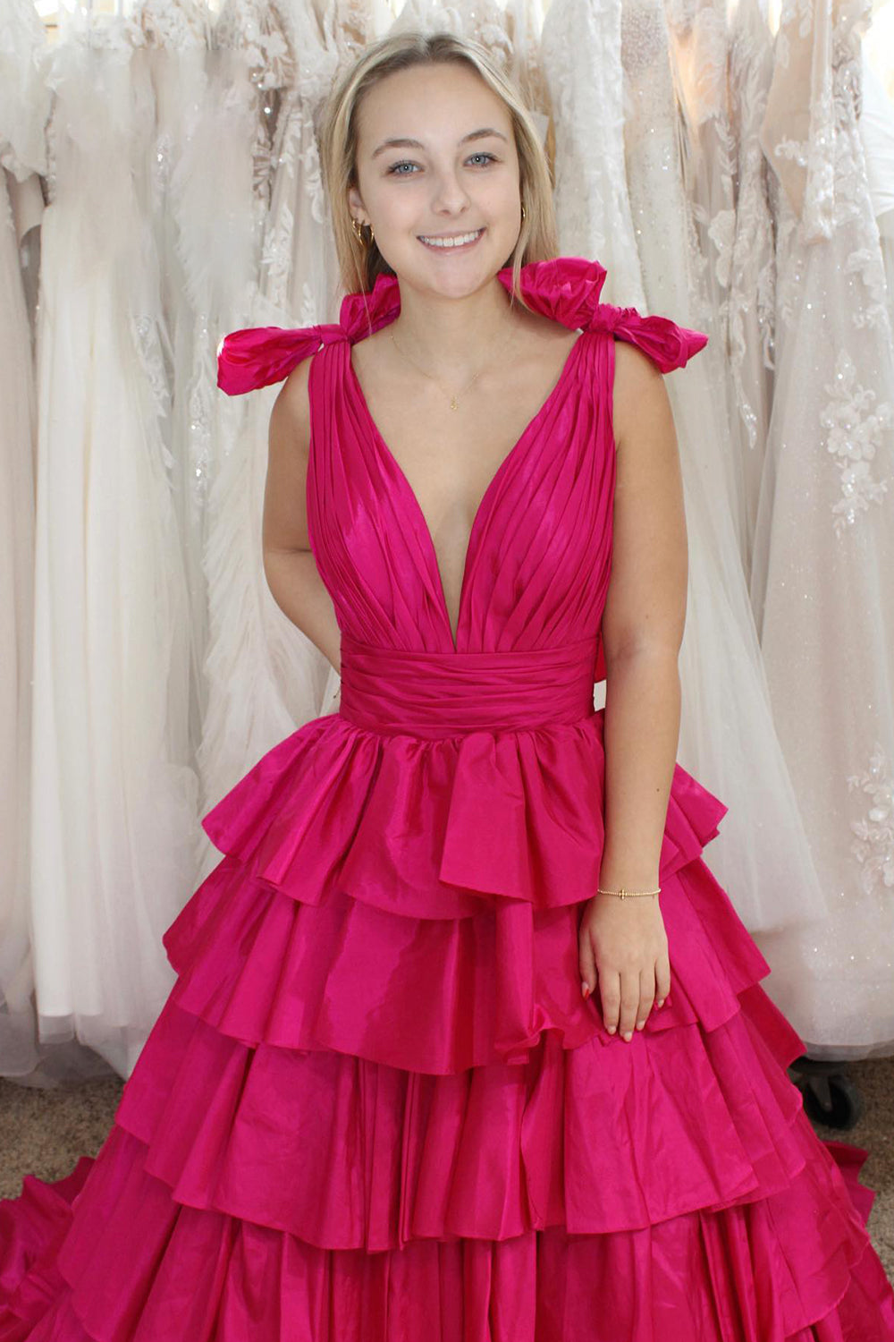 Fuchsia A Line V Neck Ruffled Long Prom Dress