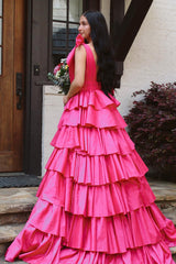 Glitter Hot Pink A Line V Neck Backless Long Tiered Prom Dress with Slit