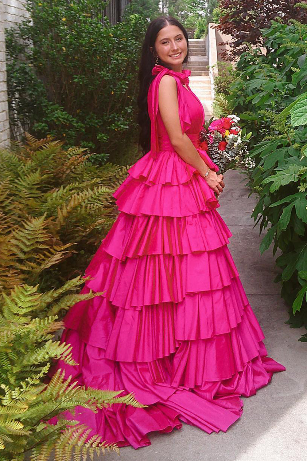 Glitter Hot Pink A Line V Neck Backless Long Tiered Prom Dress with Slit