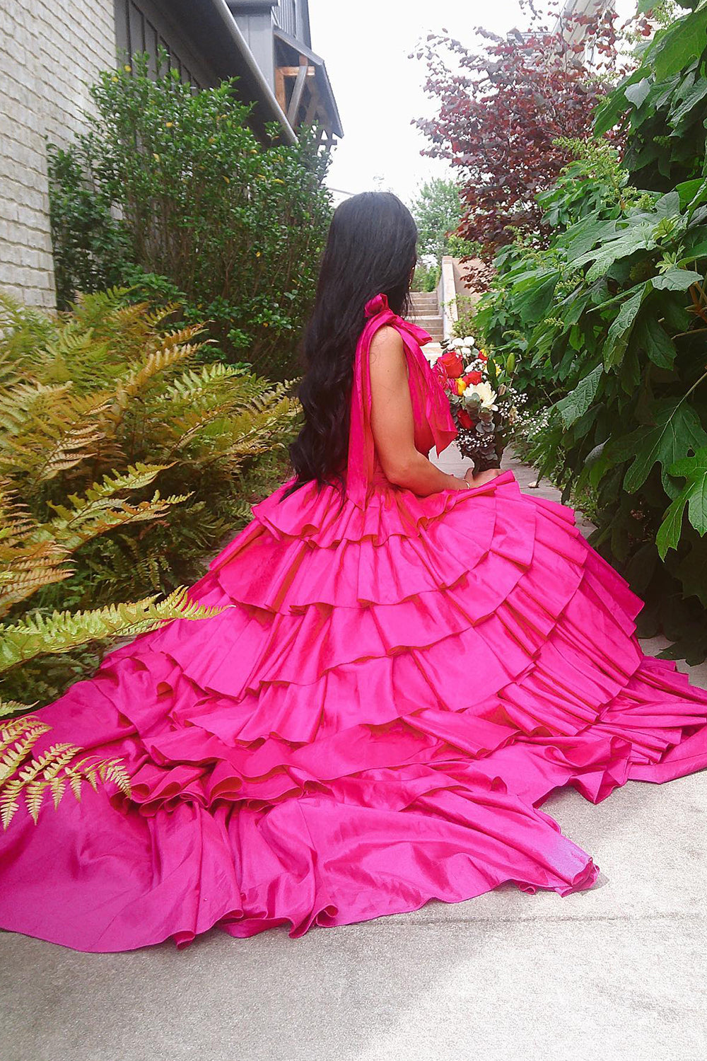 Glitter Hot Pink A Line V Neck Backless Long Tiered Prom Dress with Slit