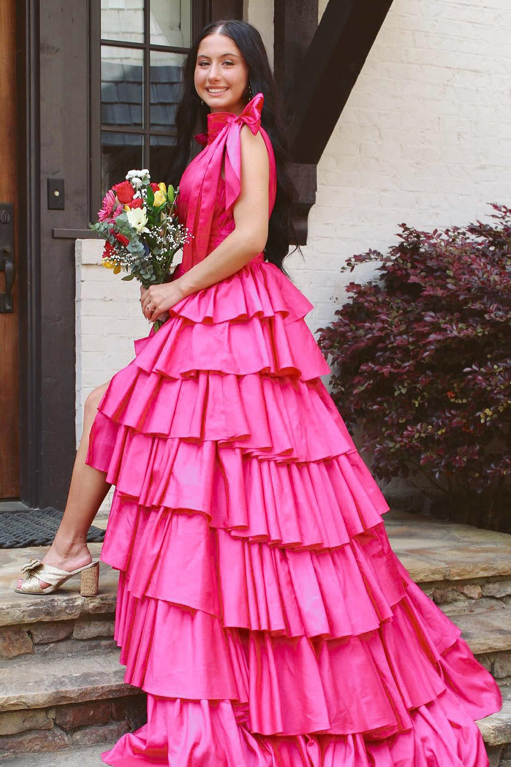 Glitter Hot Pink A Line V Neck Backless Long Tiered Prom Dress with Slit