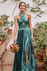 Glitter Turquoise Halter Cut Out Backless Metallic Long Prom Dress with Slit