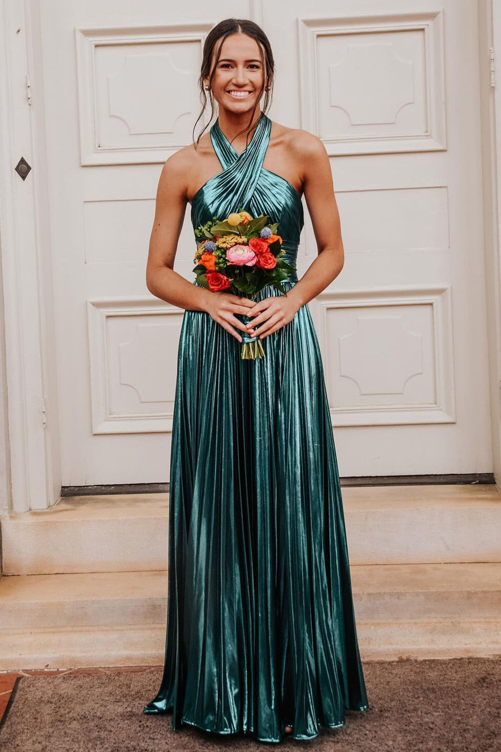 Glitter Turquoise Halter Cut Out Backless Metallic Long Prom Dress with Slit