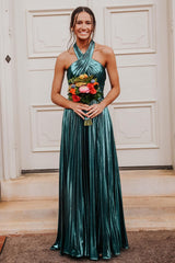 Glitter Turquoise Halter Cut Out Backless Metallic Long Prom Dress with Slit