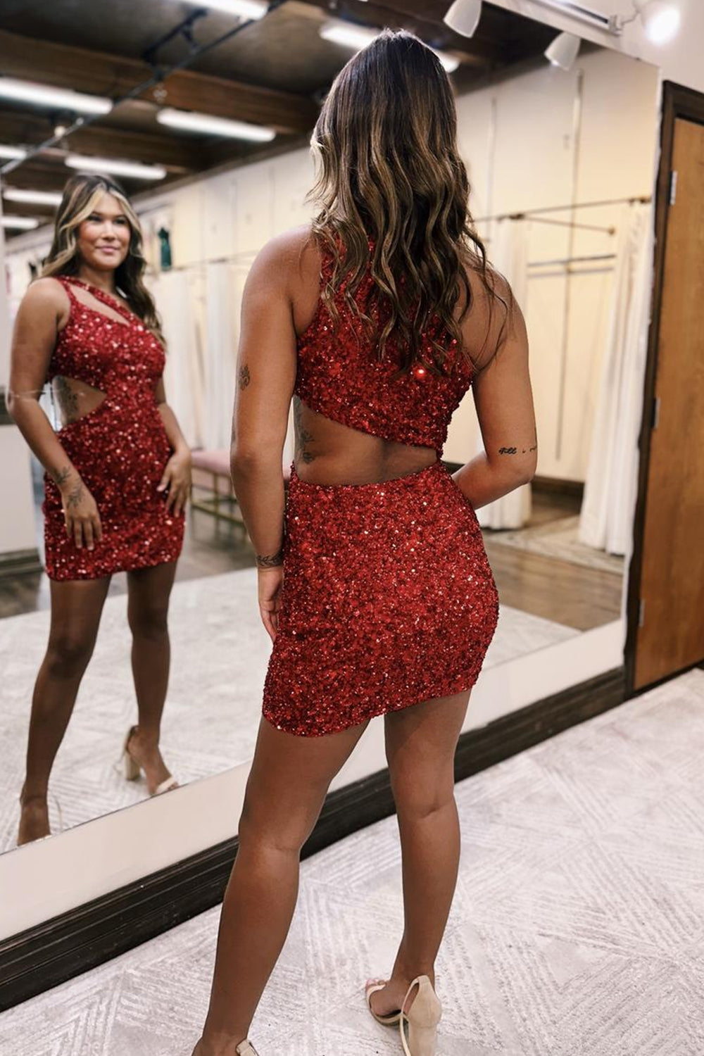 Sparkly Red Sequins One Shoulder Cut Out Tight Short Homecoming