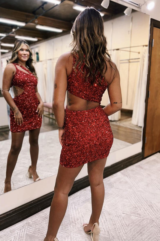 Sparkly Red Sequins One Shoulder Cut Out Tight Short Homecoming