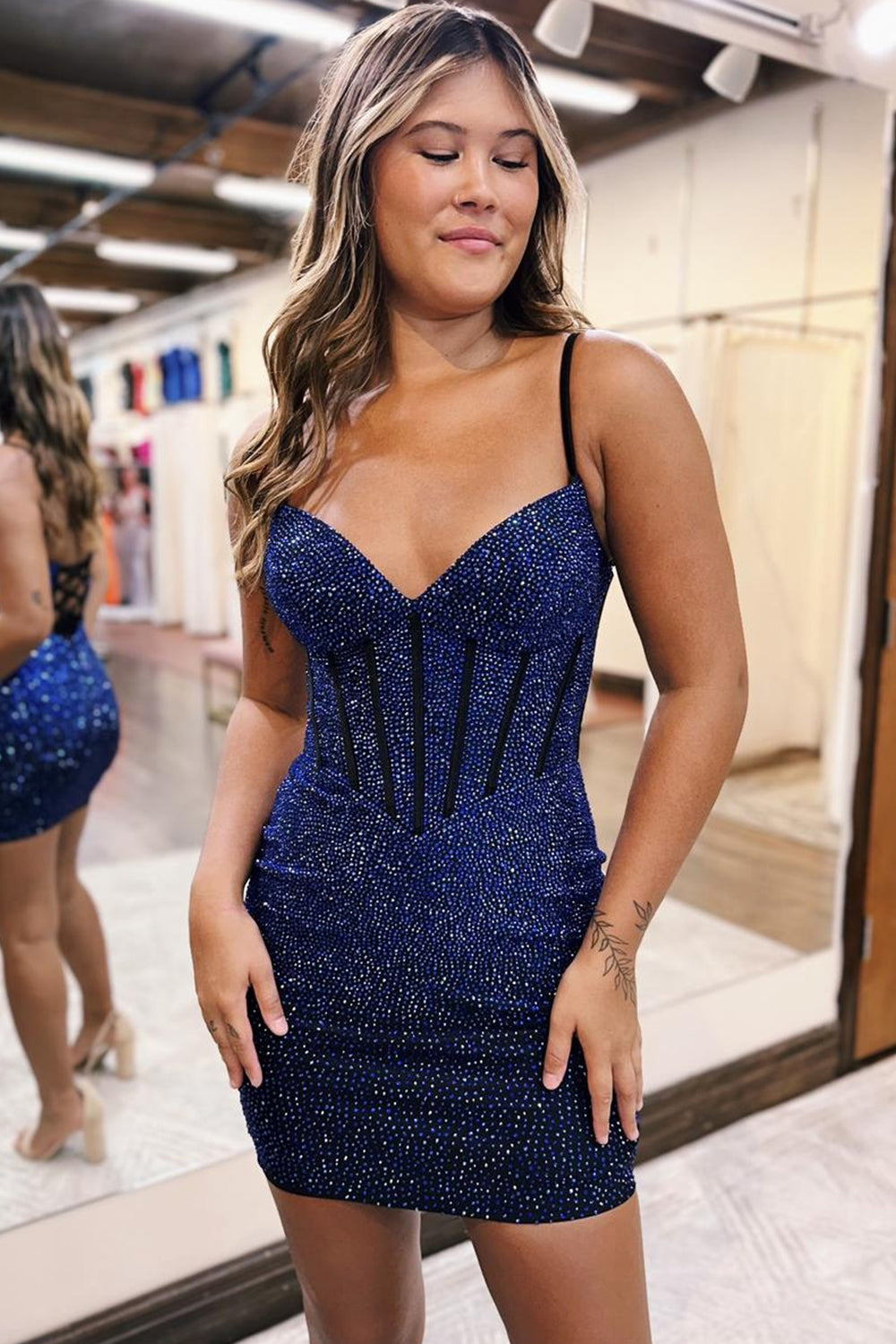 Sparkly Navy Beaded Lace-Up Back Corset Tight Short Homecoming Dress