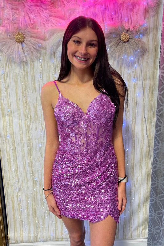 Sparkly Orchid Sequins Corset Tight Short Homecoming Dress