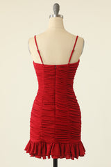 Red Spaghetti Straps Mini Homecoming Dress With Ruffles