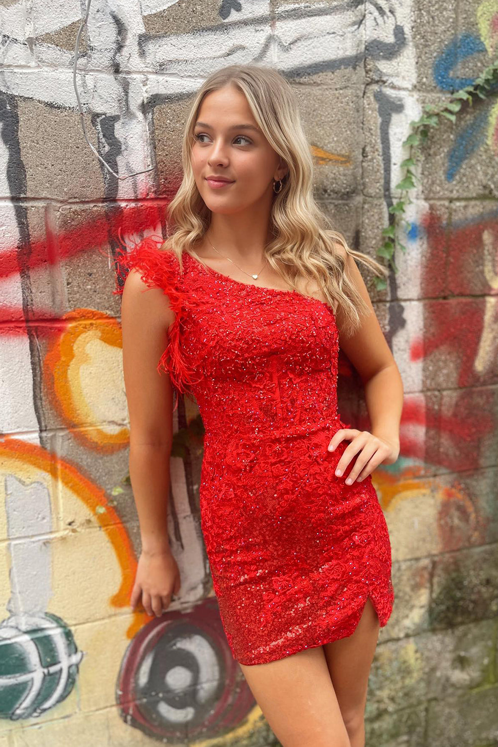 Sparkly Red One Shoulder Corset Tight Short Homecoming Dress With Feathers