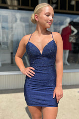 Sparkly Navy Beaded Spaghetti Straps Lace-Up Back Tight Short Homecoming Dress