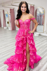 Pink Off The Shoulder Tiered Prom Dress