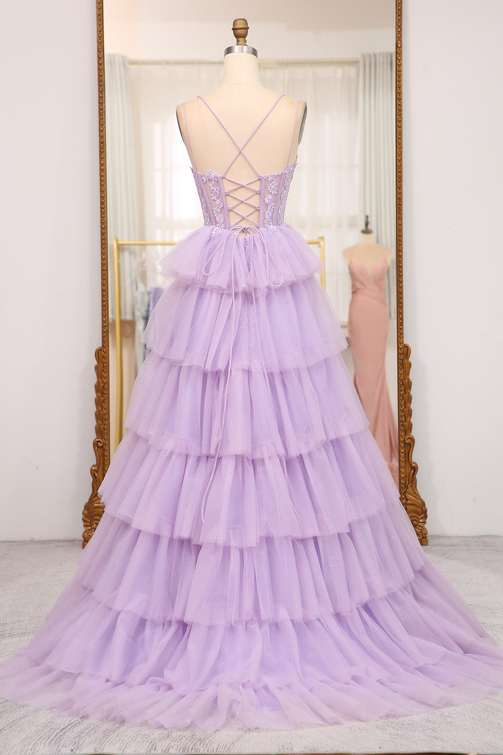 Elegant Lilac A Line Tiered Long Corset Prom Dress With Appliques