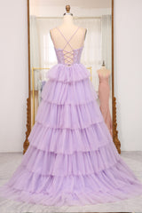 Elegant Lilac A Line Tiered Long Corset Prom Dress With Appliques