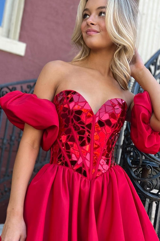 Red Mirror Sweetheart A Line Homecoming Dress With Detchable Sleeves