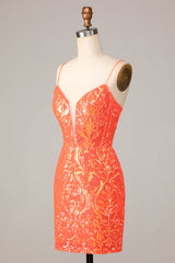 Bodycon Spaghetti Straps Orange Sequins Short Homecoming Dress