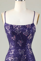 Sparkly Purple Butterflies Beaded Sequins Tight Short Homecoming Dress