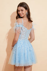 Blue Off Shoulder Homecoming Dress with Feathers