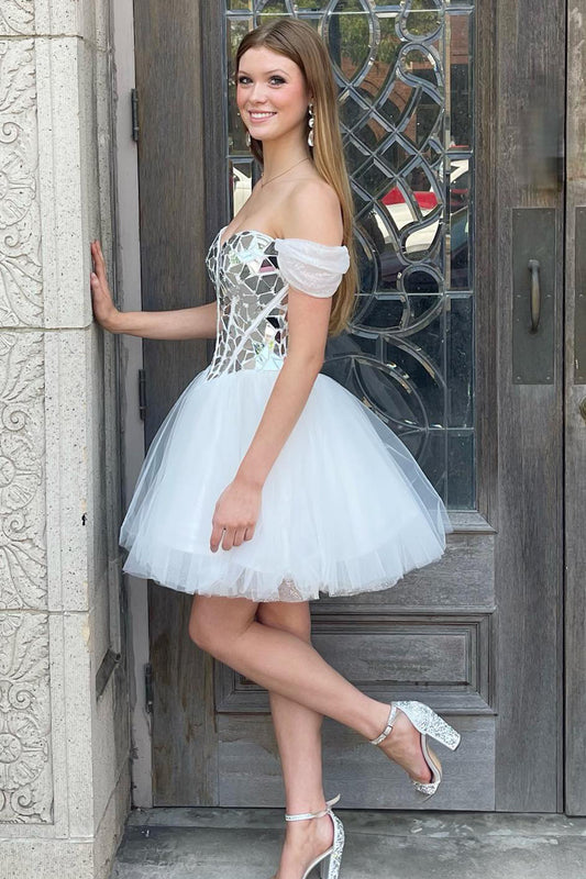 Mirror White A Line Off The Shoulder Short Homecoming Dress