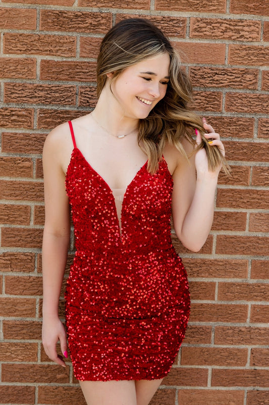 Sparkly Red Sequin Sleeveless Tight Short Homecoming Dress