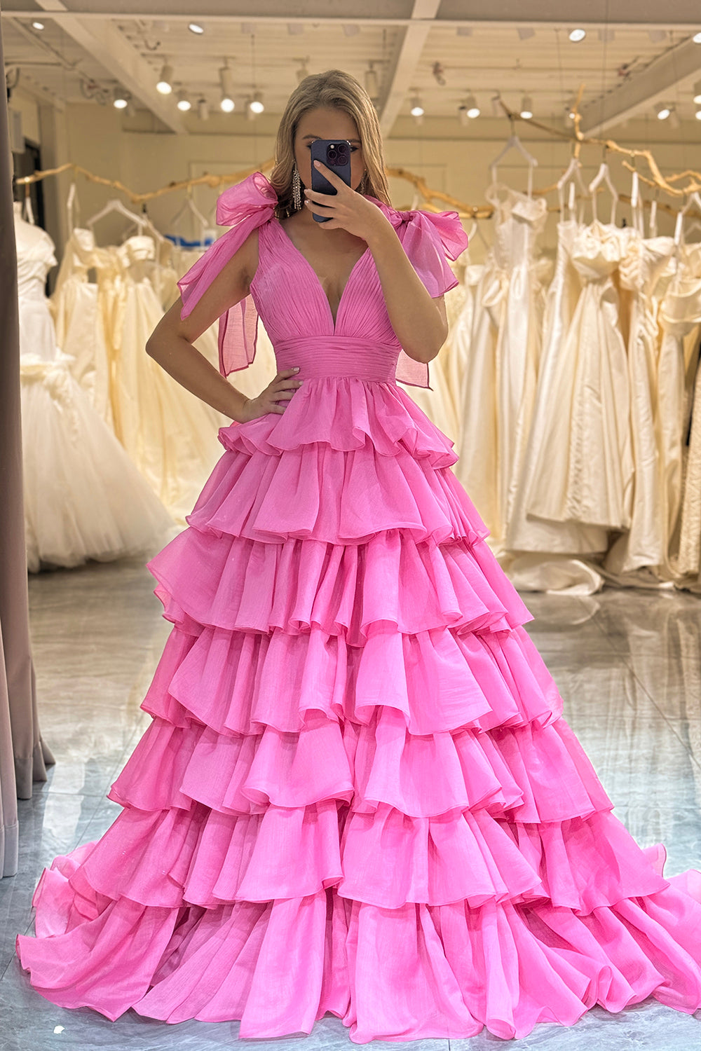 Fuchsia A Line V Neck Ruffled Long Prom Dress