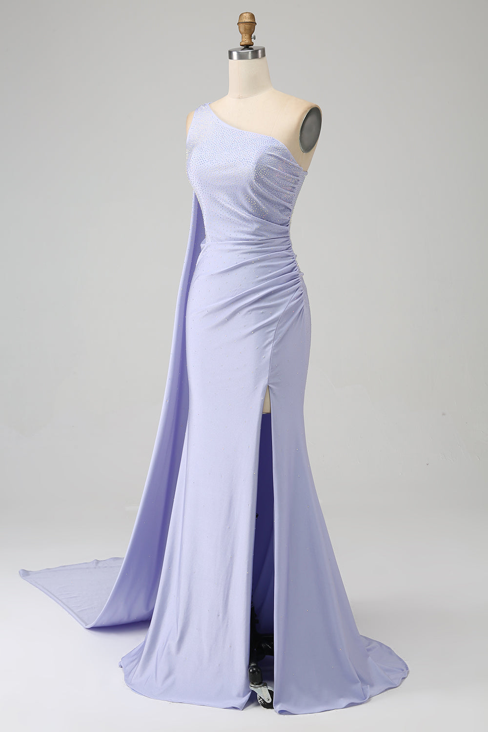 Sparkly Lilac One Shoulder Watteau Train Long Prom Dress with Slit