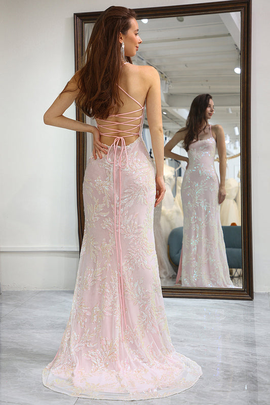 Sparkly Pink Mermaid Long Appliqued Prom Dress With Slit