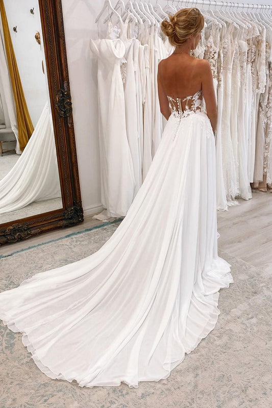 Elegant White Sweetheart Long Lace Boho Wedding Dress with Slit