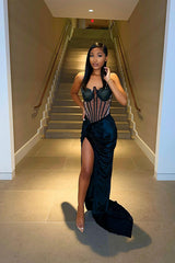 Black Strapless Mermaid Evening Dress with Long Slit and Pleats