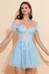 Blue Off Shoulder Homecoming Dress with Feathers