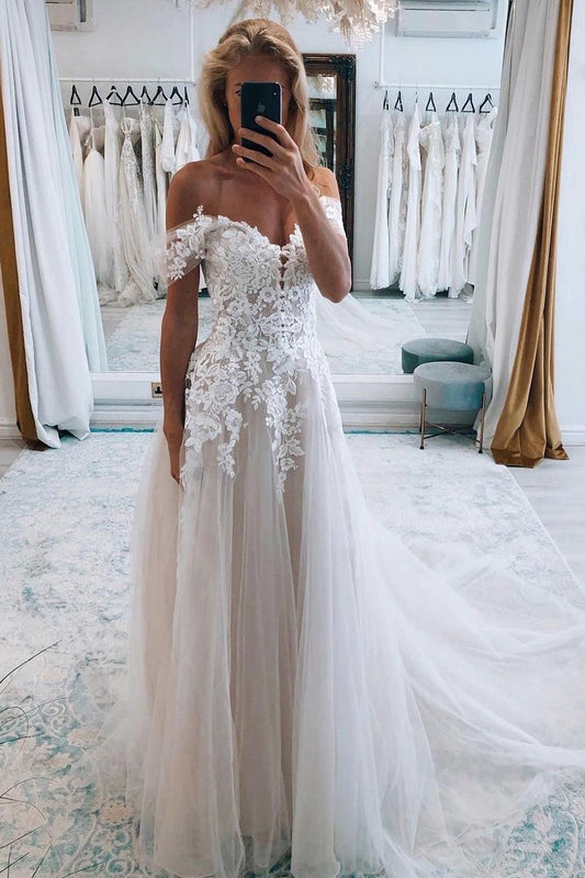 A-Line Ivory Off-the-Shoulder Long Wedding Dress with Lace