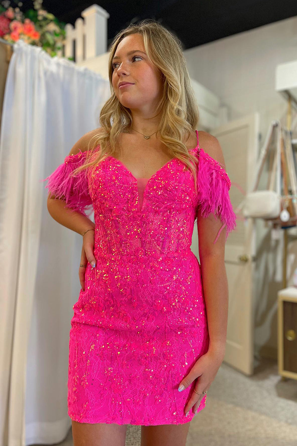 Sparkly Fuchsia Sequin Lace Tight Short Homecoming Dress with Feathers