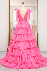 Fuchsia Tiered A-Line Sleeveless Prom Dress