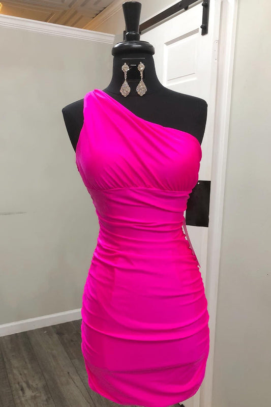 Simple Fuchsia One Shoulder Satin Tight Short Homecoming Dress