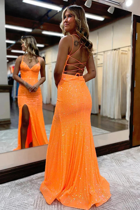 Sparkly Orange Sequins Mermaid Prom Dress