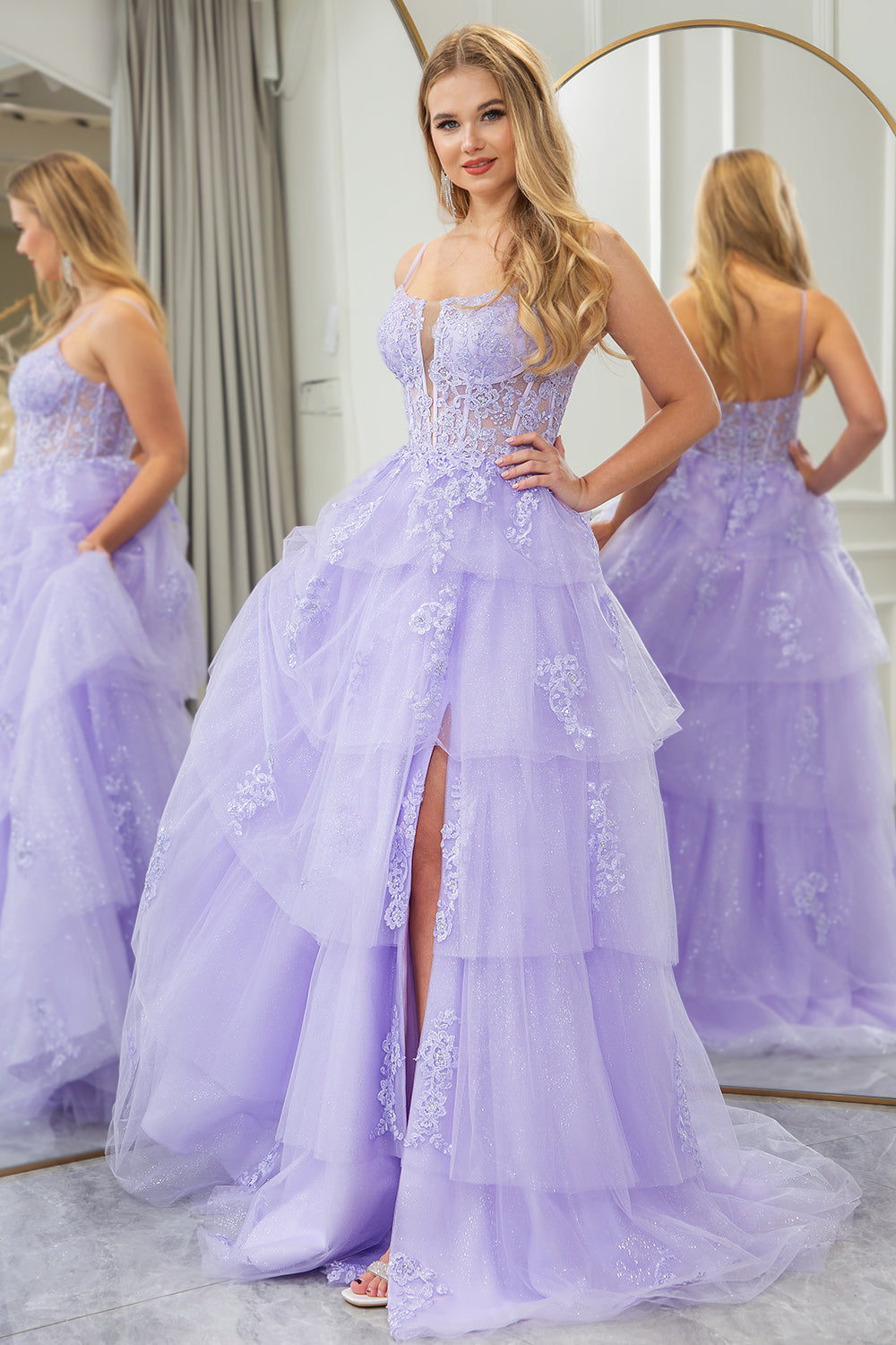 Lilac A Line Appliqued Tiered Long Corset Prom Dress With Slit