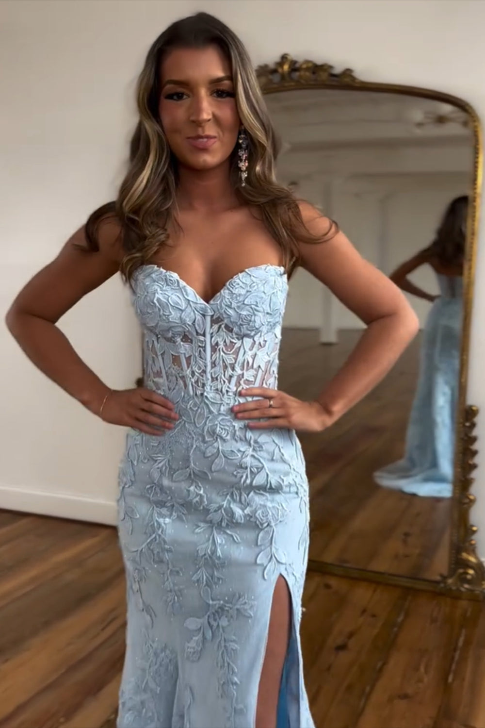 Light Blue Mermaid Sweetheart Corset Long Laced Prom Dress with Slit