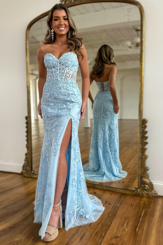 Light Blue Mermaid Sweetheart Corset Long Laced Prom Dress with Slit