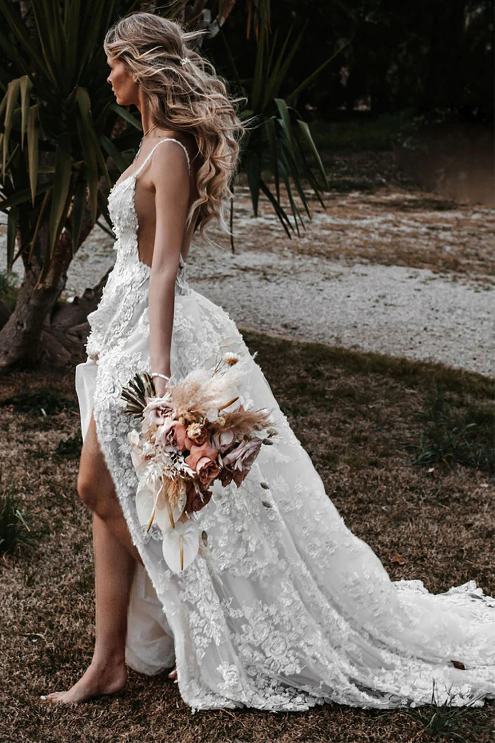 Bohemian White A-Line Wedding Dress Adorned with Appliques