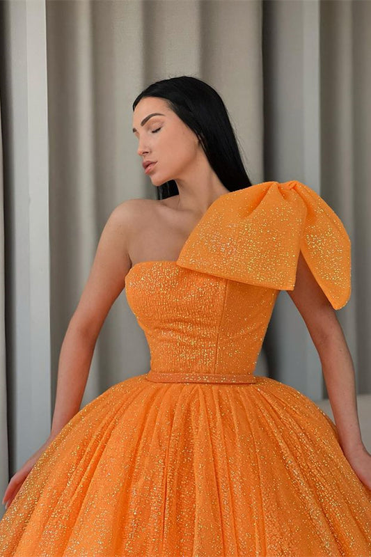 Orange One-Shoulder Ball Gown Evening Dress with Sequins