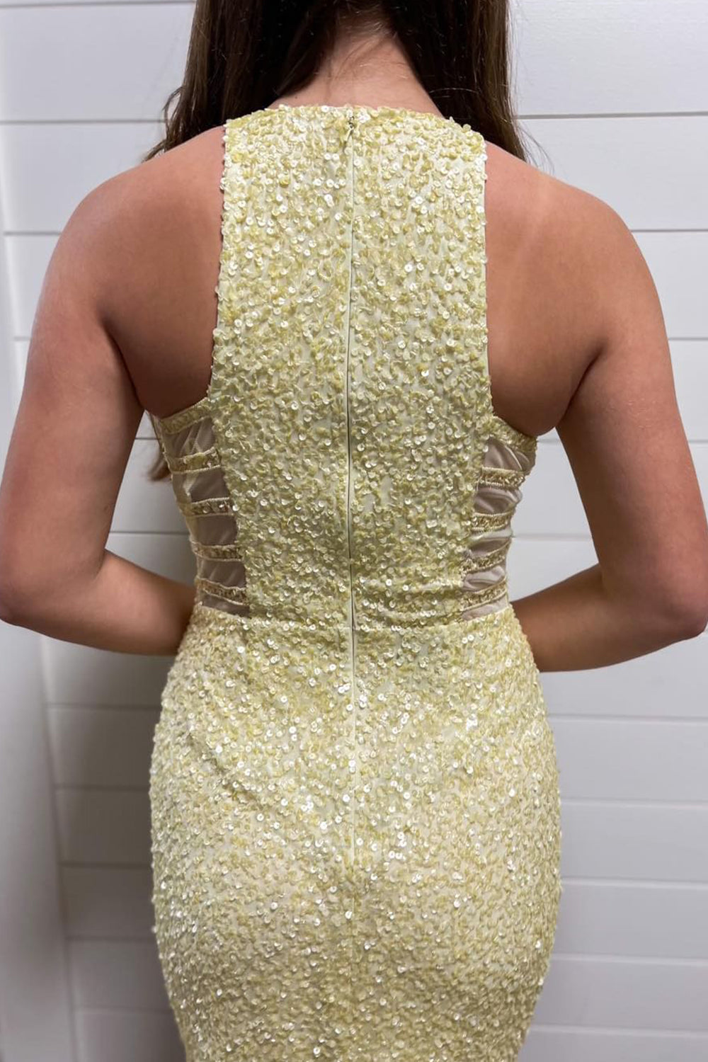 Sparkly Yellow Sequins Asymmetrical Tight Homecoming Dress