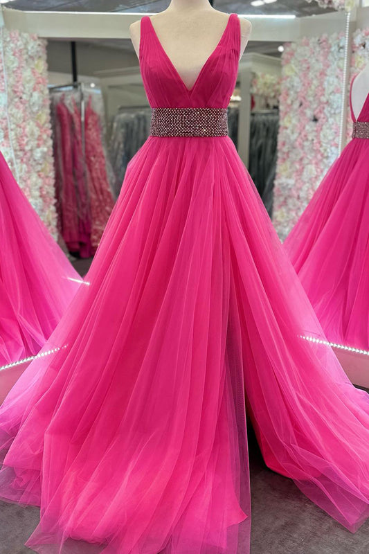 Sparkly Hot Pink A-Line Beaded V-Neck Backless Long Tulle Prom Dress with Slit