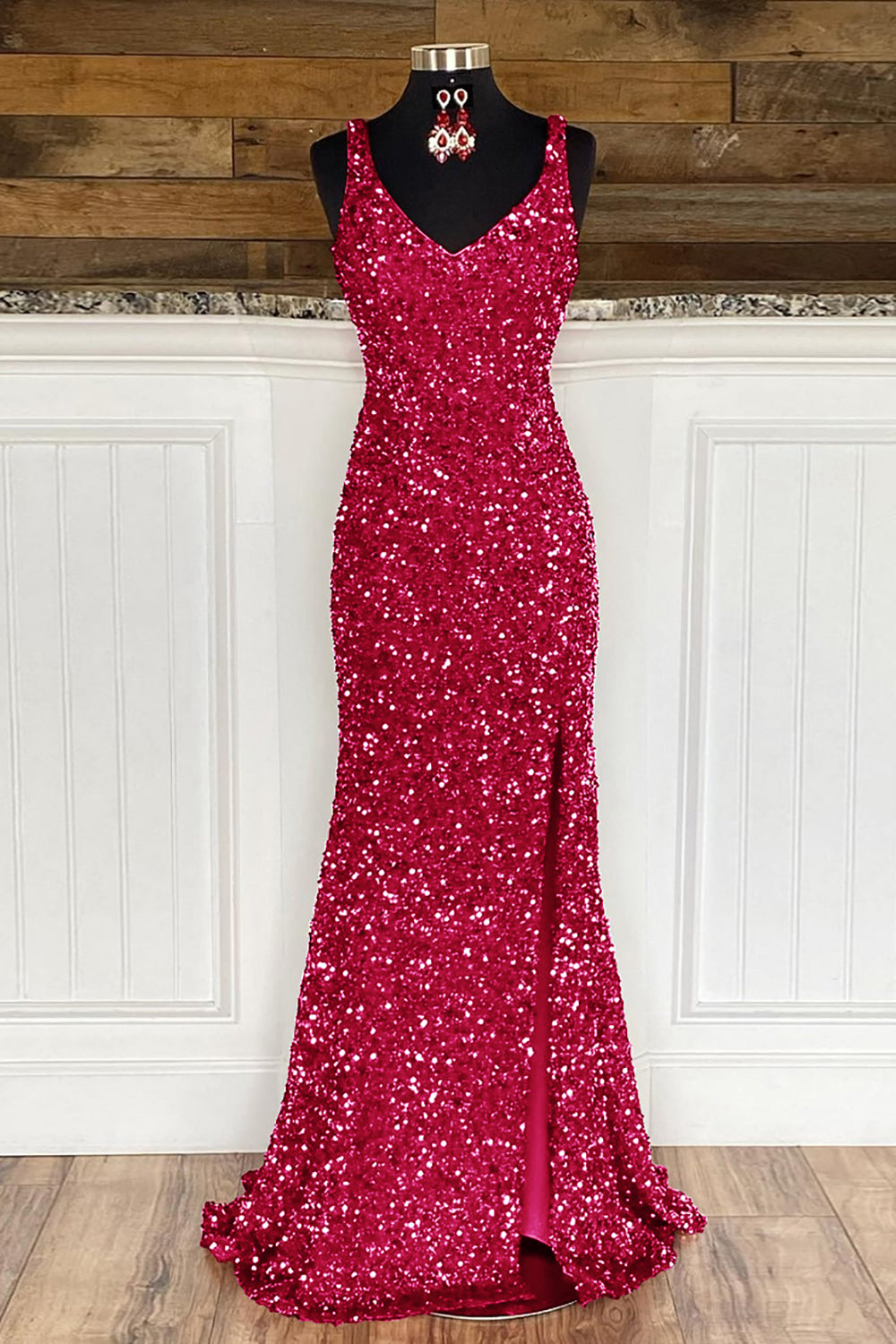 Sheath Spaghetti Straps Red Sequins Prom Dress with Split Front